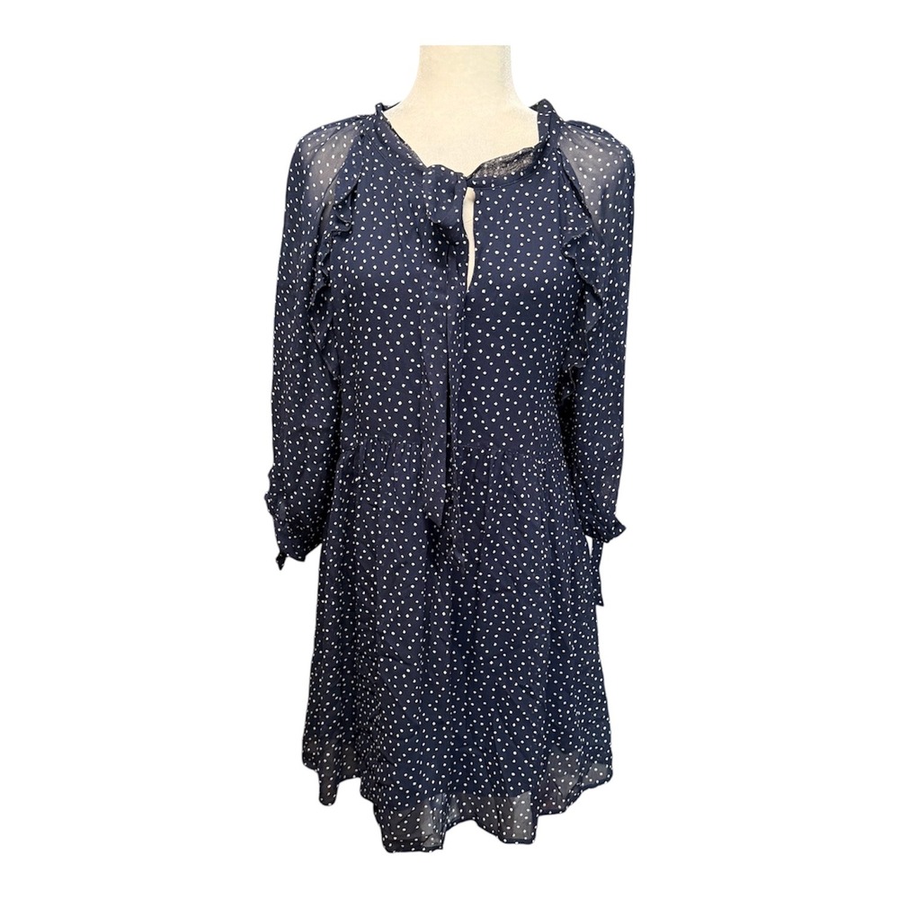 Womens M Dress Navy Blue Polka Dot‎ Tie Neck Ruffle Nautical Romantic Feminine